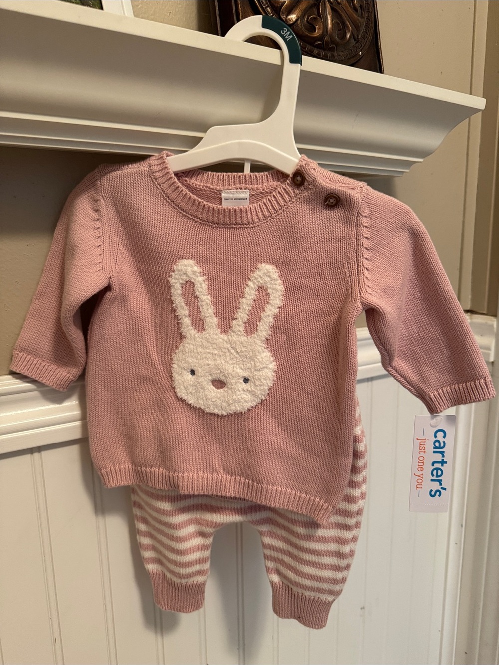 Carter's Pink Knit Bunny Sweater and Striped Pants Set